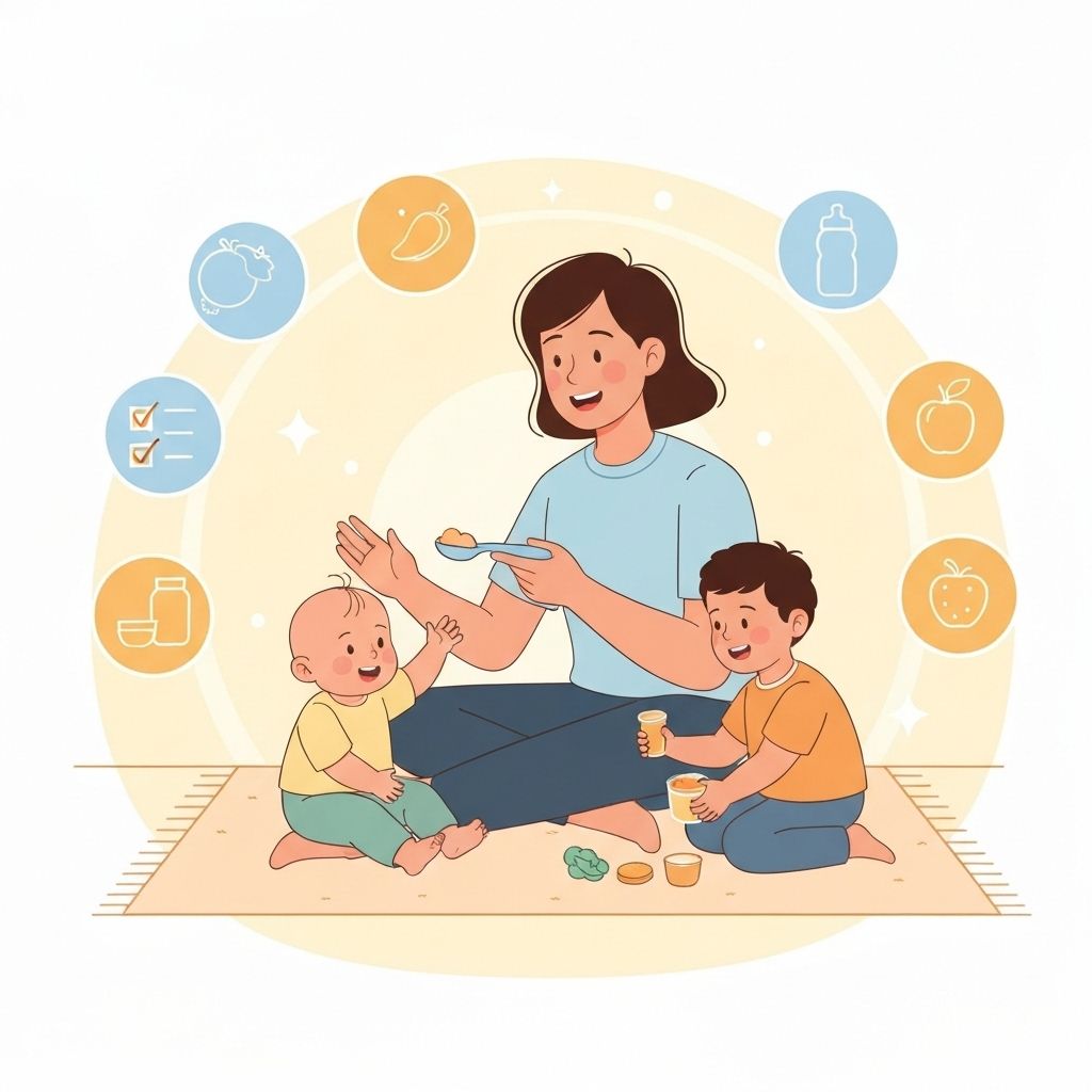 Warm cartoon illustration of diverse parent sitting on rug with baby and toddler, surrounded by healthy foods and nutrition icons in cozy home setting